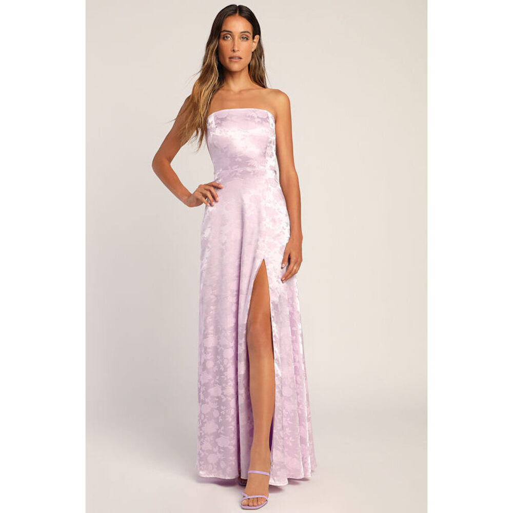 Lulus Made To Marvel Lilac Satin Jacquard Strapless Maxi Dress Purple - Size M